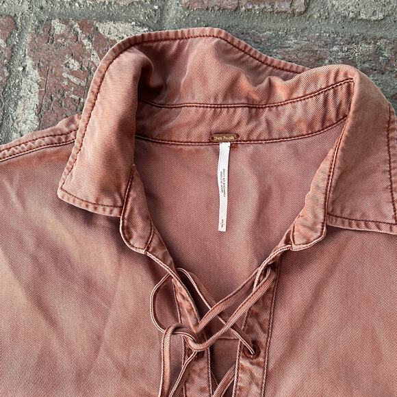 Free People Blouse Long Sleeve Lace Up Collared Size S Orange - Picture 2 of 3